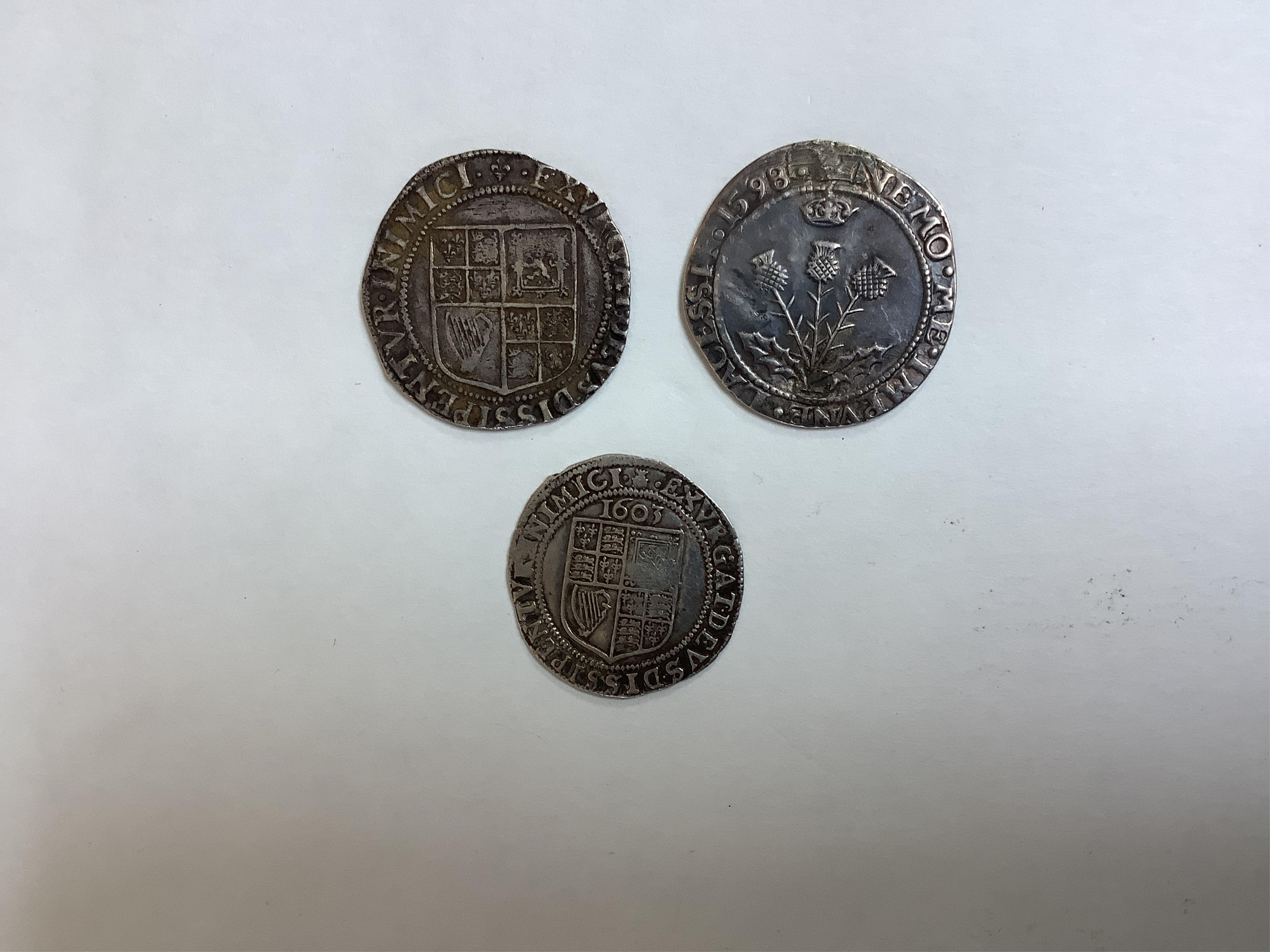 British hammered silver coins, James I shilling, Fine or better, James I sixpence 1603, about VF and James VI Scotland sixpence 1598, plugged hole otherwise F/VF